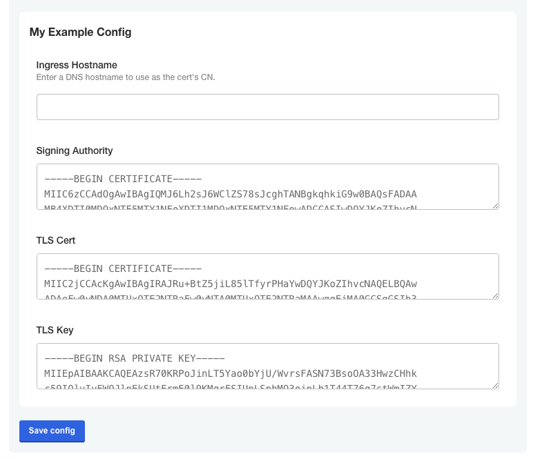 Default values for CA, certificate, and key on the Config page